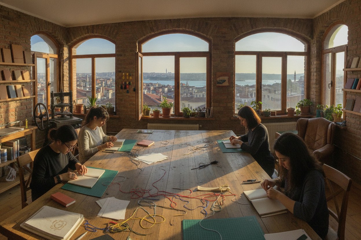 Dikişhane atölyesinde katılımcılar el yapımı defter dikişi yapıyor
